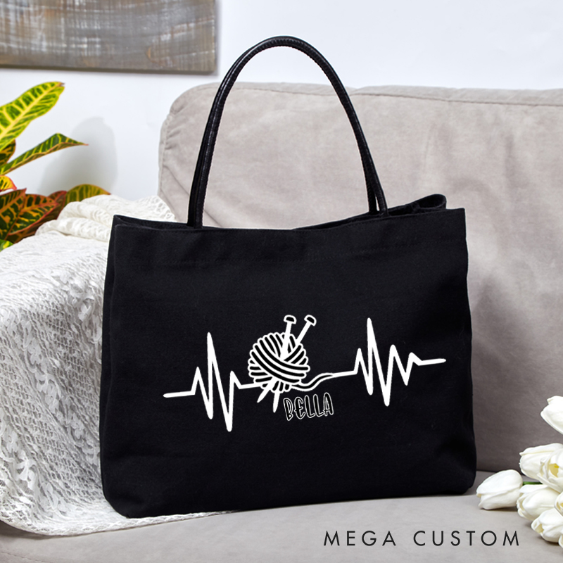 Personalized Heartbeat EKG Ball of Yarn Tote Bag Funny Gift for Knitting Lover Gift for Crocheters Heartbeat Line and Yarn Ball bag