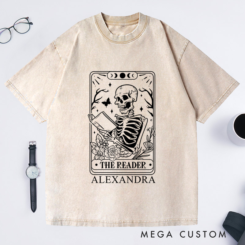 Personalized The Reader Tarot Card Shirt Skeleton Washed T-Shirts Reading Shirt Book Lover Shirt Gift Librarian Shirt 