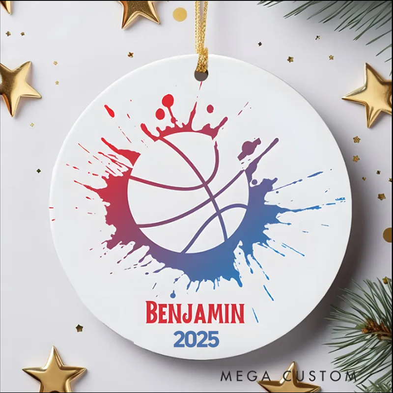 Personalized Basketball Christmas Ornament with Custom Name and Year Color Splash Design