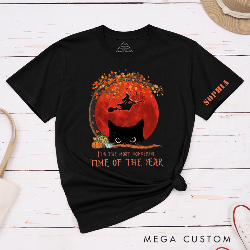 Personalized Halloween Cat Witch Autumn Moon Classic T-Shirts Custom Fall Pumpkin Tee Gift for Women Men Lovers Unique Seasonal Shirt for Sophia