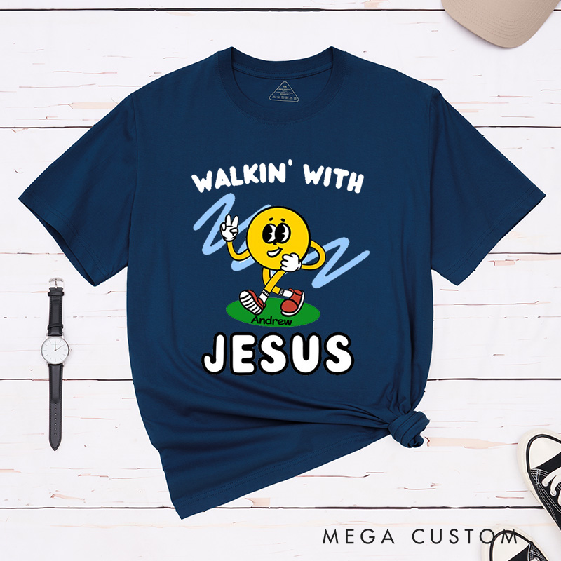 Personalized Walkin with Jesus Smiley Inspirational Shirt Cotton Classic T-Shirt with Custom Name Religious Gift Perfect Gift for Christians
