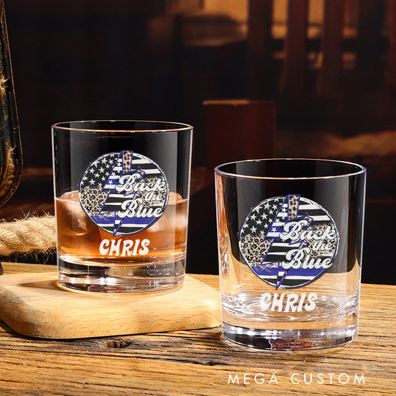 Personalized Policeman Whiskey Glass Back the Blue Leopard Print Heart Design Gift for Police Officer