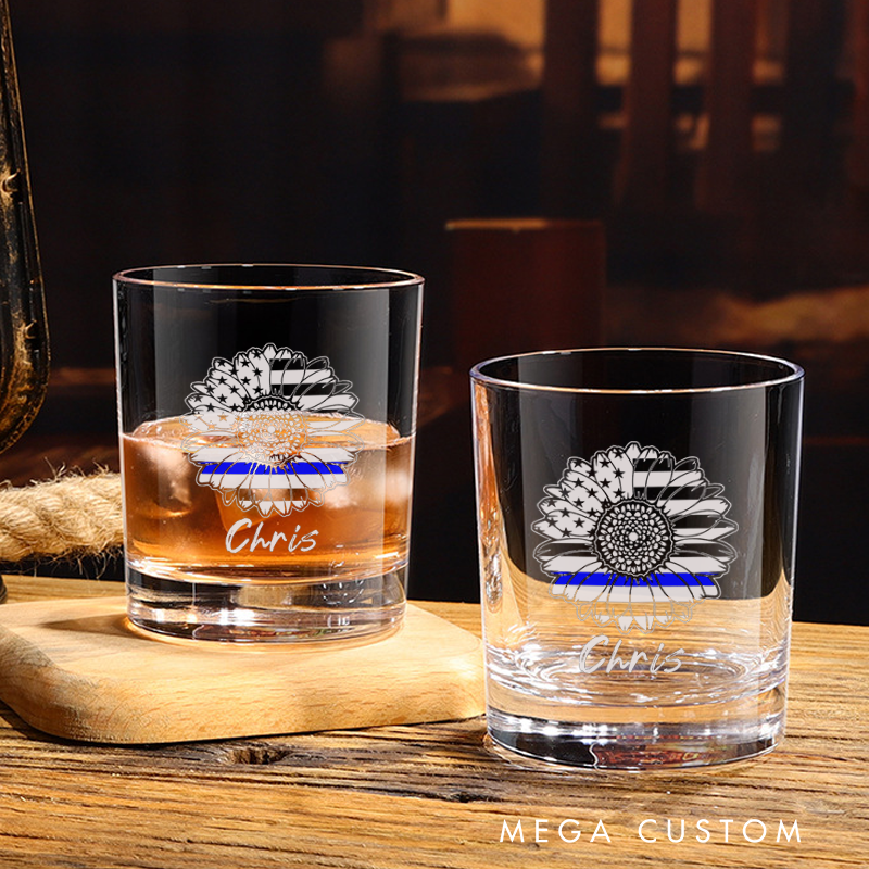 Personalized Policeman Whiskey Glass Thin Blue Line Sunflower Design Gift for Police Officer