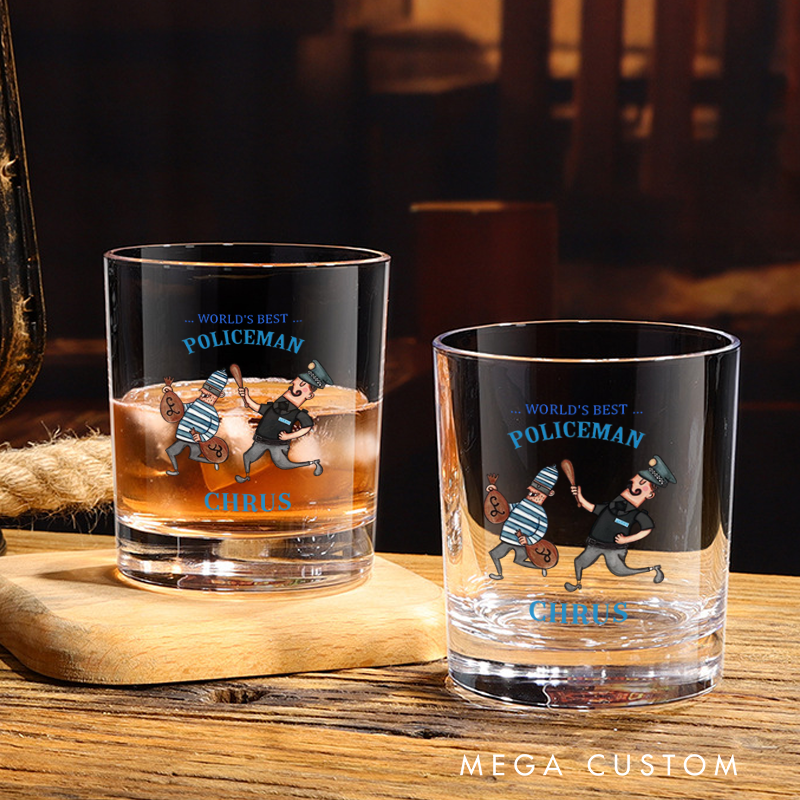Personalized Policeman Whiskey Glass World's Best Policeman Cartoon Design Gift for Police Officer
