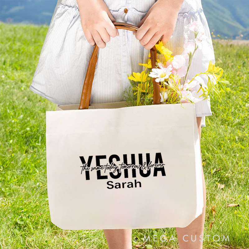 Personalized Yeshua Bible Large Canvas Tote Bag with Name and Leather Handle Travel Accessories Religious Ceremonies Gift for Women Christian