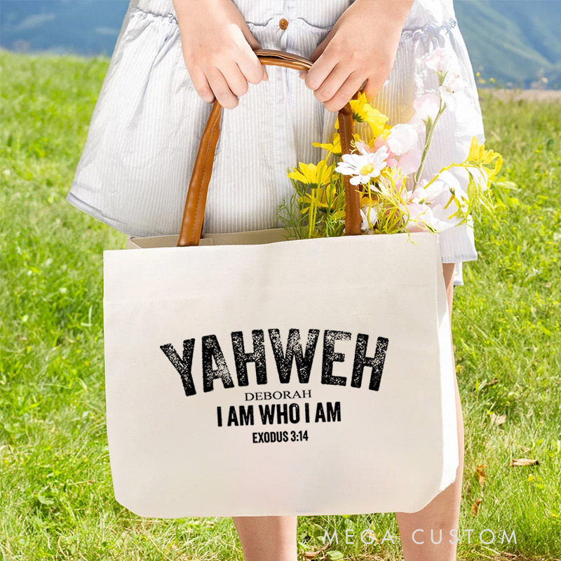 Personalized Yahweh I Am Who I Am Large Canvas Tote Bag with Name and Leather Handle Travel Accessories Religious Ceremonies Gift for Women Christian