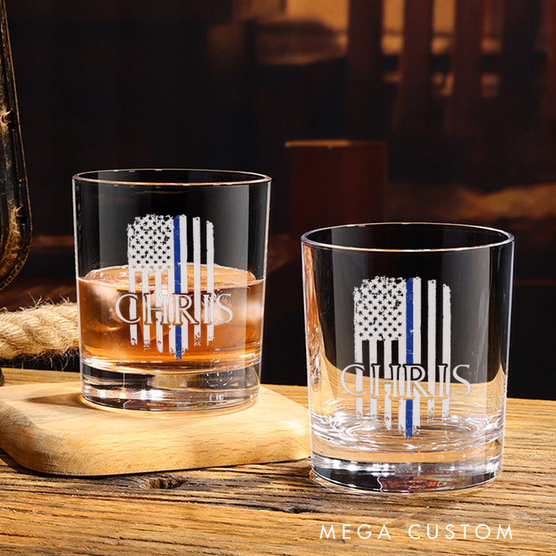 Personalized Policeman Whiskey Glass Thin Blue Line Flag with Name Design Gift for Police Officer
