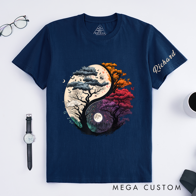Personalized Yin Yang Tree T-Shirt Classic Custom Nature Art Unisex Gift Unique Day and Night Forest Tee for Men Women Couples Friends Family Birthday