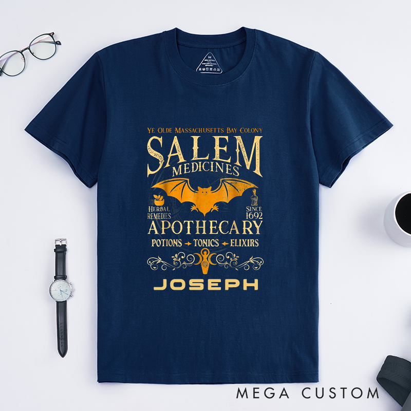 Personalized Salem Apothecary Classic T-Shirts Vintage Witchcraft Herbal Remedies Potions Elixirs Halloween Gifts Custom Name Unisex