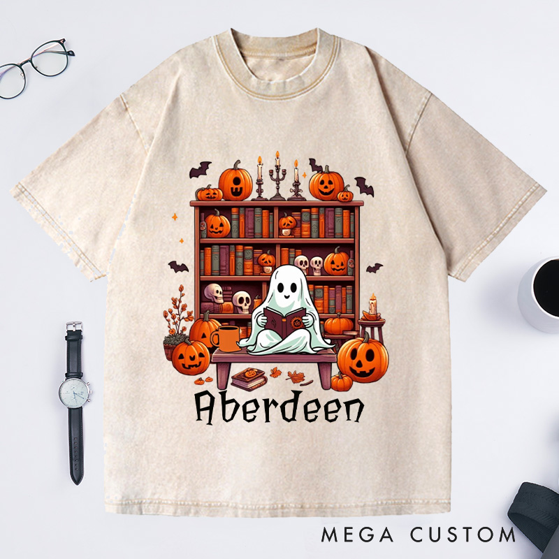 Personalized Ghost Book Reader Washed T-Shirts Reading Enthusiast Book Ghost Reader Tee for Literature Lover Boo Shirt Halloween Gifts