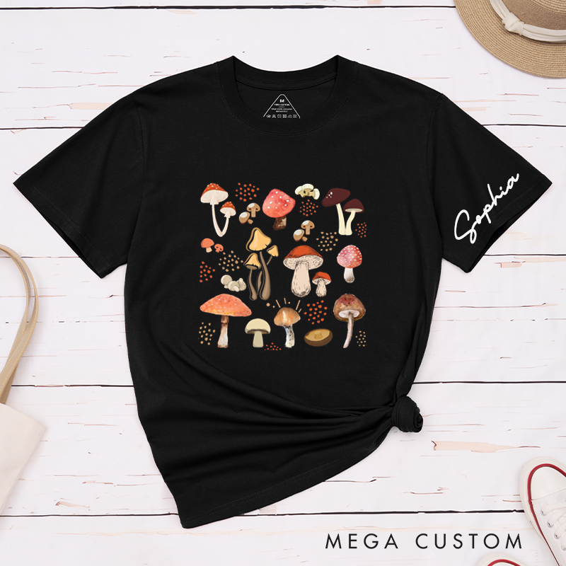 Personalized Mushroom T-Shirt Custom Name Gift for Nature Lovers Unique Fungi Art Classic Unisex Tee for Mushroom Enthusiasts Botanical Illustration