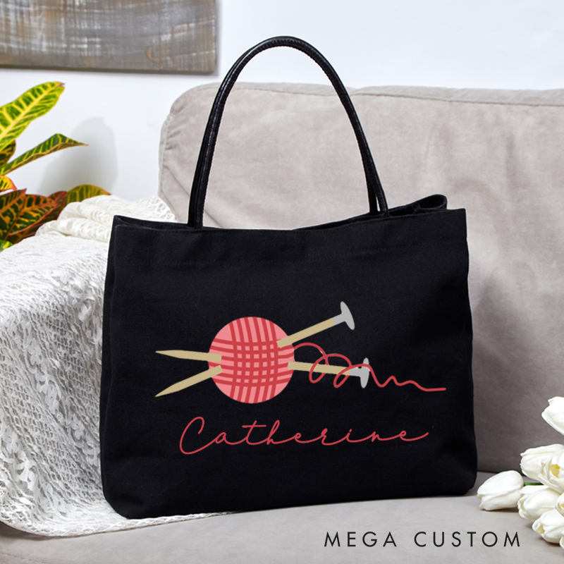 Personalized Pink Ball of Yarn with Knitting Needles Tote Bag Balls of Yarn Funny Gift for Knitting Lover Gift for Crocheters