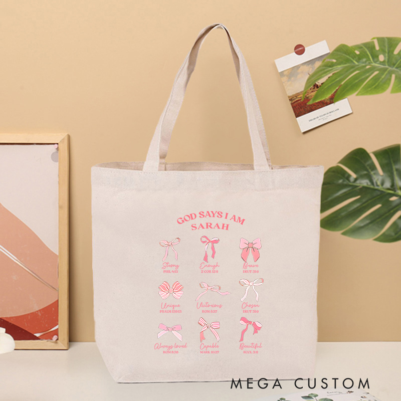 Personalized God Says I Am Classic Bible Verse Canvas Tote Bag with Name Christmas Gift for Women Positive Affirmation Religious Gift for Christian