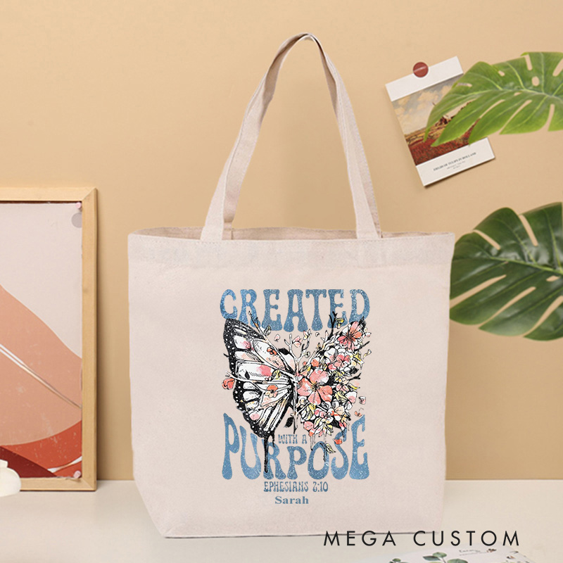 Personalized Created With a Purpose Bible Verse Canvas Tote Bag with Name Christmas Gift for Women Positive Affirmation Religious Gift for Christian