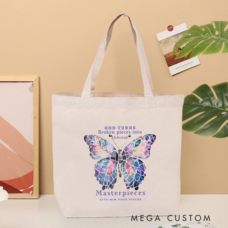 Personalized God Turns Broken Pieces Into Canvas Tote Bag with Custom Name Christians Gift Birthday Gift Christian Travel Gift for Jesus Lover 