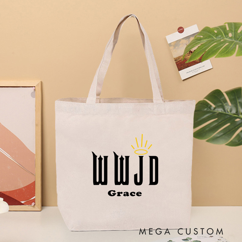 Personalized What Would Jesus Do Bible Verse Canvas Tote Bag with Name Inspirational Christmas Gift for Women Positive Affirmation Religious Gift