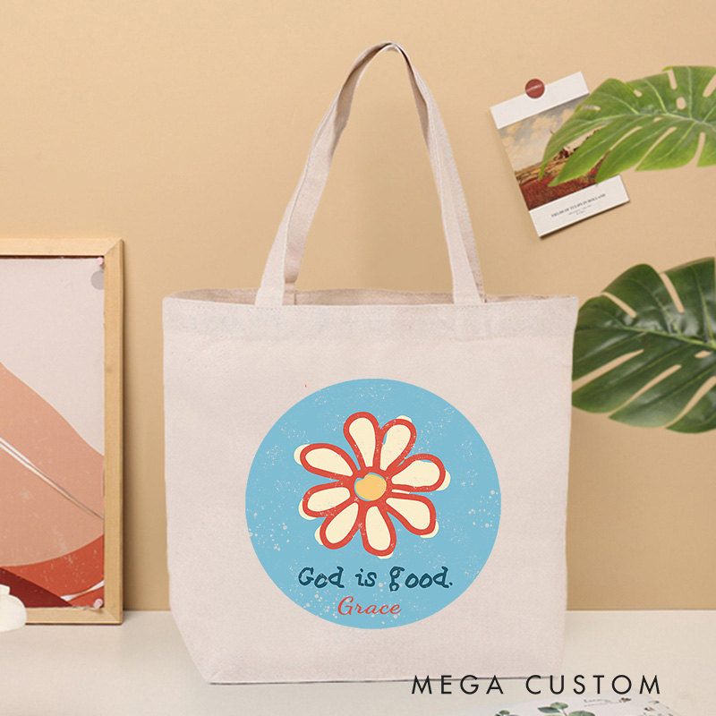 Personalized Flower God is Good Bible Verse Canvas Tote Bag with Name Inspirational Christmas Gift for Women Positive Affirmation Religious Gift