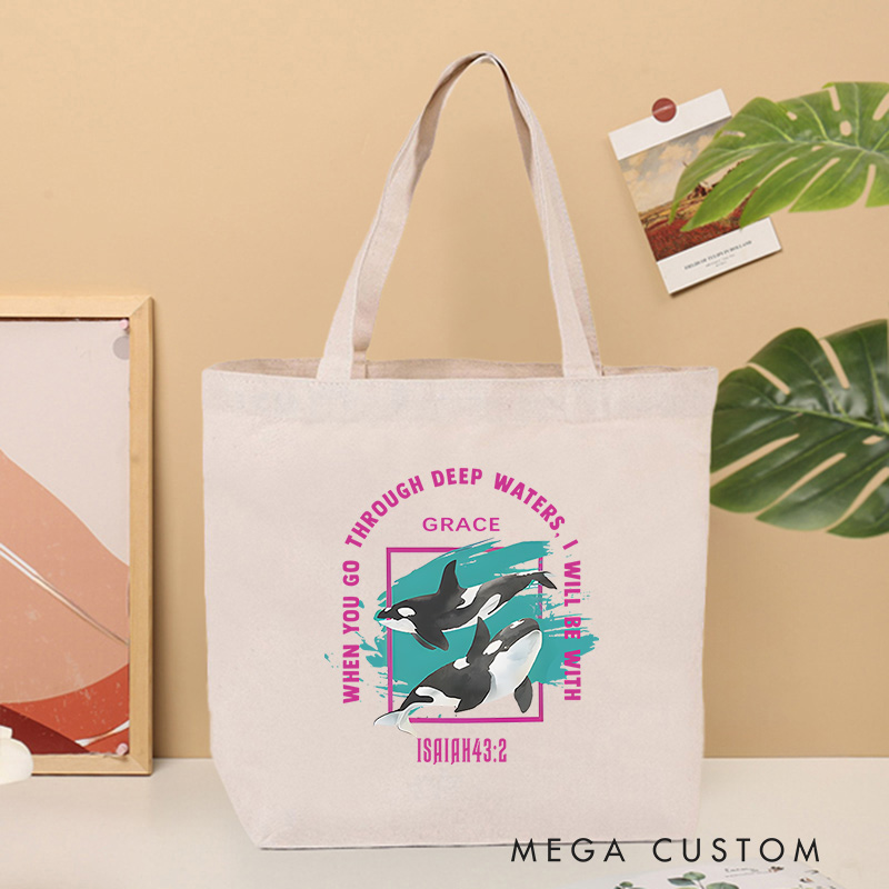 Personalized When You Go Through Deep Waters Canvas Tote Bag with Custom Name Christians Gift Birthday Gift Christian Travel Gift for Jesus Lover 