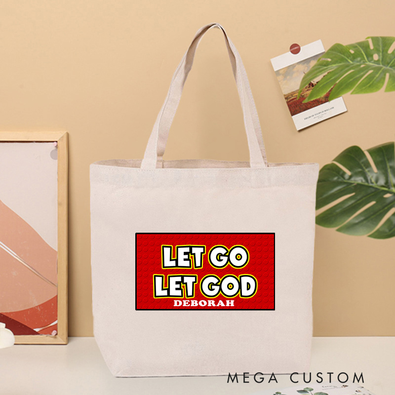 Personalized Let Go Let God Bible Verse Canvas Tote Bag with Name Inspirational Christmas Gift for Women Positive Affirmation Religious Gift