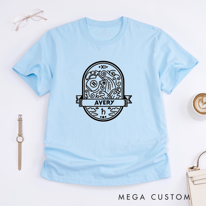 Personalized Aquarius Zodiac Classic T-Shirt Unique Astrology Birthday Gift Custom Name Horoscope Shirt for Men Women Unisex Water Bearer Sign Lovers