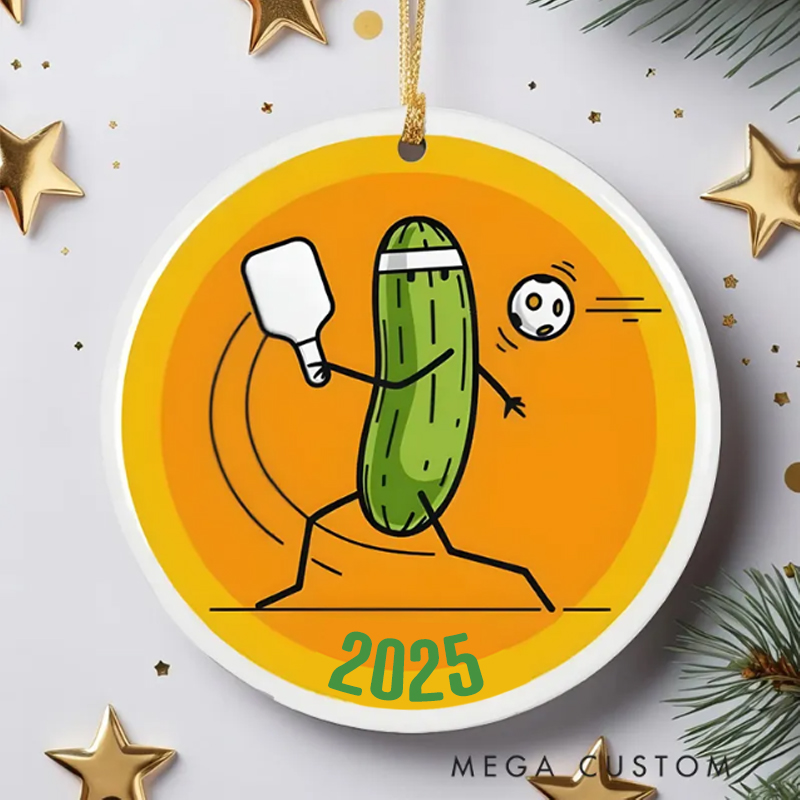 Personalized Pickleball Christmas Ornament with Cute Pickle Character and Custom Year Design