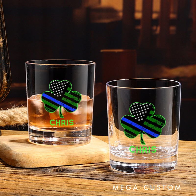 Personalized Policeman Whiskey Glass Thin Blue Line Shamrock Design Gift for Police Officer