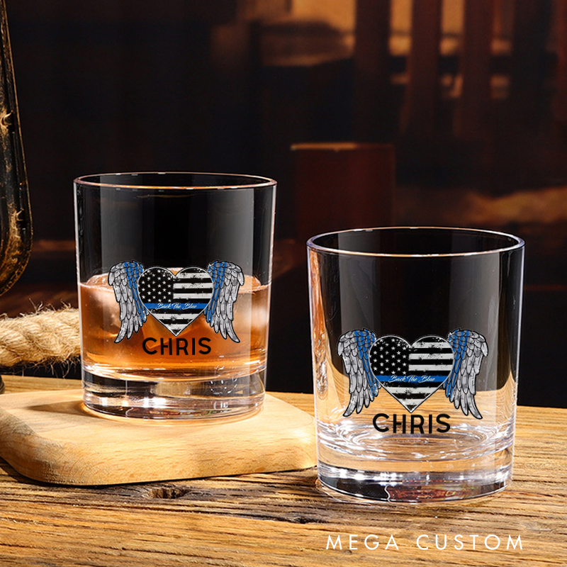 Personalized Policeman Whiskey Glass Thin Blue Line Heart with Wings Design Gift for Police Officer