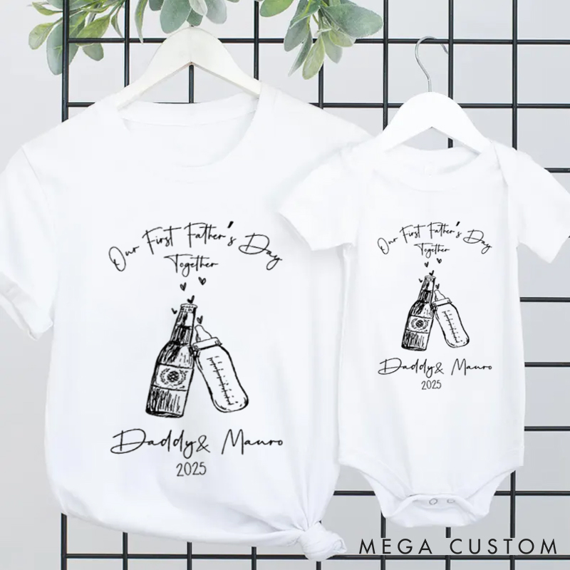 Personalized Our First Father's Day Minimalist Beer and Milk Bottle Matching Outfit