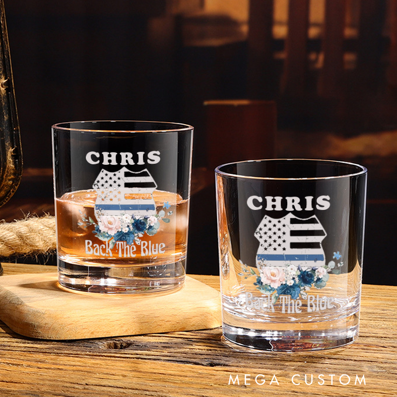 Personalized Policeman Whiskey Glass "Back the Blue" Floral Design Gift for Police Officer