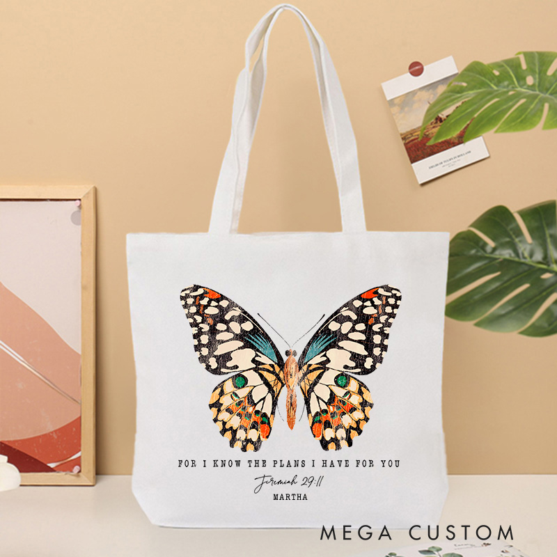 Personalized for I Know the Plans I Have for You Canvas Tote Bag with Name Christian Jeremiah 29:11 Bible Verse Bag Butterfly Bag Christian Gift