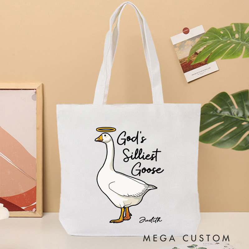 Personalized God's Silliest Goose Christian Canvas Tote Bag with Name Funny Goose Bag Faith Gift Religious Gift Christian Gift for Jesus Lover 