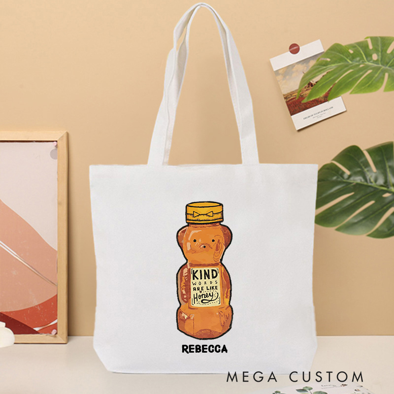 Personalized Kind Words are Like Honey Canvas Tote Bag with Name Christian Proverbs 16:24 Bible Verse Bag Funny Honey Bear Bottle Bag Christian Gift
