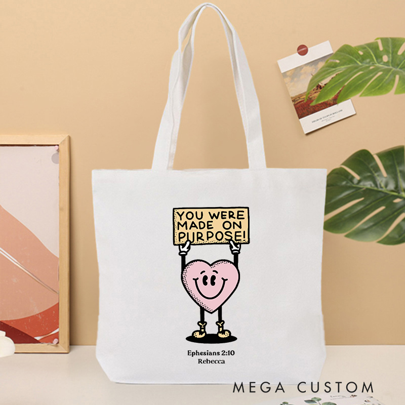 Personalized You Were Made On Purpose Canvas Tote Bag with Name Christian Ephesians 2:10 Bible Verse Bag Cute Heart Character Bag Christian Gift
