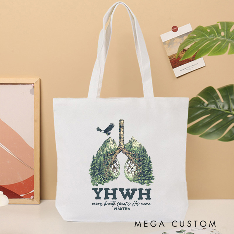 Personalized YHWH Christian Canvas Tote Bag with Name Every Breath Speaks His Name Lung and Forest Bag Jesus Gift Christian Gift for Jesus Lover