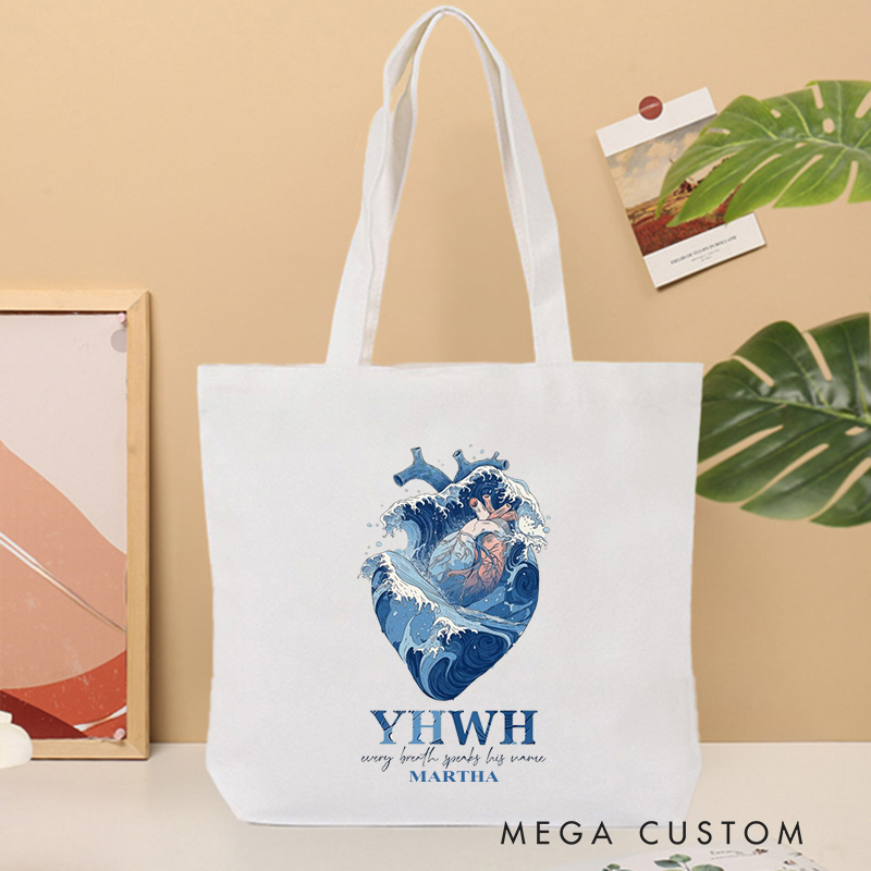 Personalized YHWH Christian Canvas Tote Bag with Name Every Breath Speaks His Name Heart and Ocean Bag Jesus Gift Christian Gift for Jesus Lover