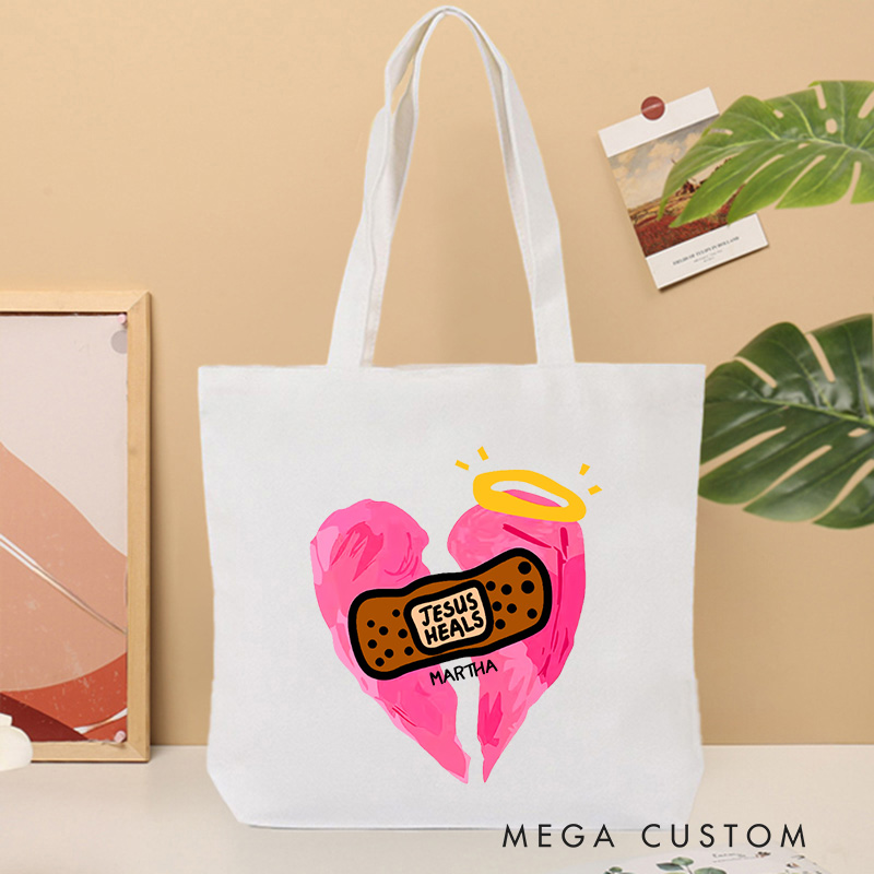 Personalized Jesus Heals Christian Canvas Tote Bag with Name Broken Heart Bandage Bag Jesus Gift Religious Gift Christian Gift for Jesus Lover