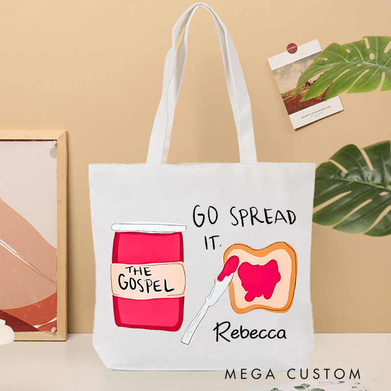 Personalized Go Spread it Christian Canvas Tote Bag with Name the Gospel Bag Humor Faith Gift Religious Gift Christian Gift for Jesus Lover