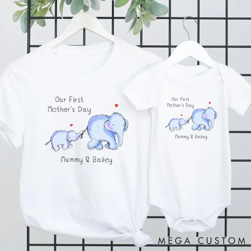 Personalized Our First Mother's Day Elephant Baby Onesie and Mommy Matching Outfit