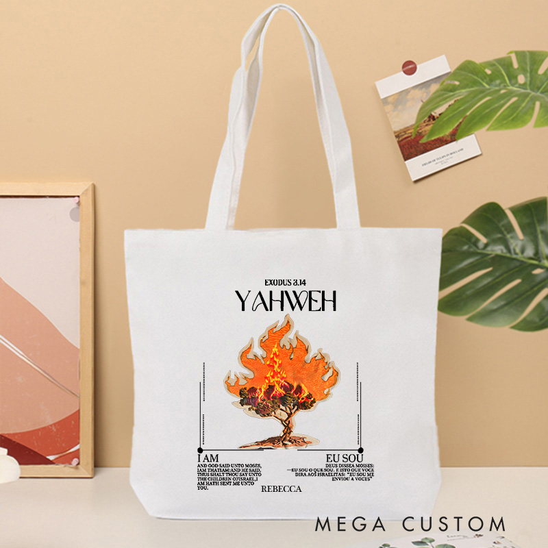 Personalized Yahweh Canvas Tote Bag with Name I am Who I am Christian Exodus 3:14 Bible Verse Bag Burning Bush Bag Christian Gift for Jesus Lover