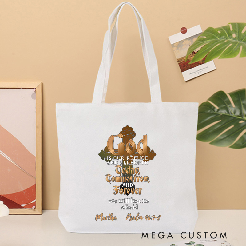 Personalized God is Our Refuge Canvas Tote Bag with Name Christian Psalm 46:1-2 Bible Verse Bag Faith Gift Religious Christian Gift for Jesus Lovers