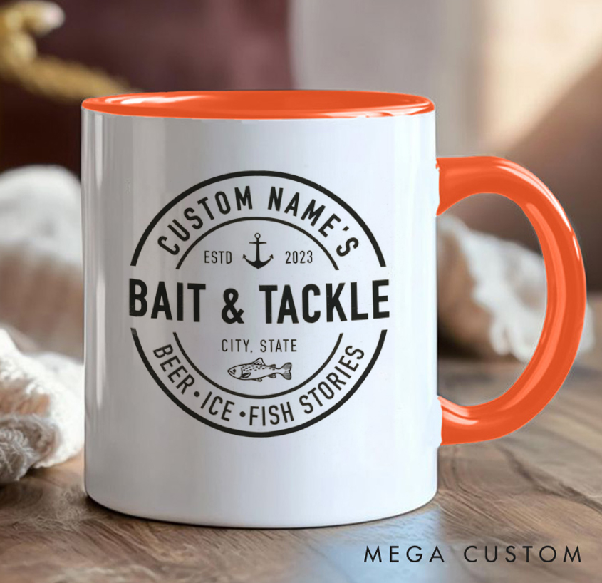 Personalized Bait & Tackle Mug Fishing Design with Name & Location for Fishing Lover