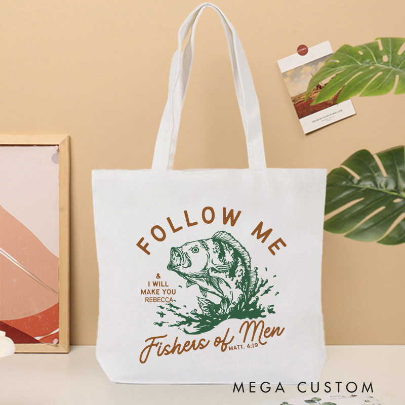 Personalized Follow Me I Will Make You Fishers of Men Canvas Tote Bag with Name Christian Matthew 4:19 Bible Verse Bag Faith Gift for Jesus Lover