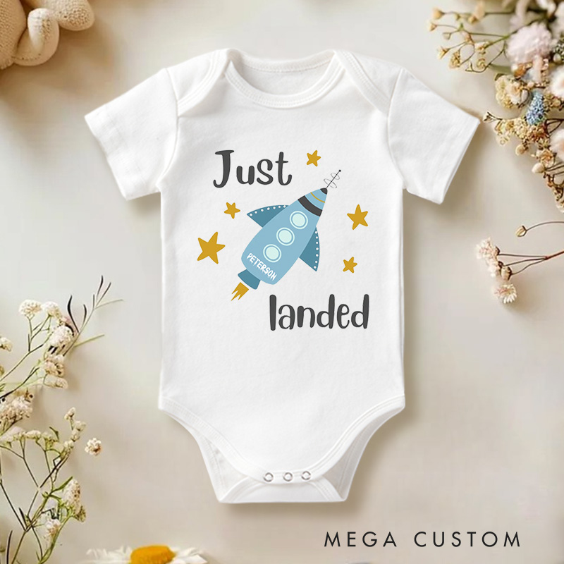 Personalized Just Landed Rocket and Space Themed Adorable Baby Gift Baby Onesie  