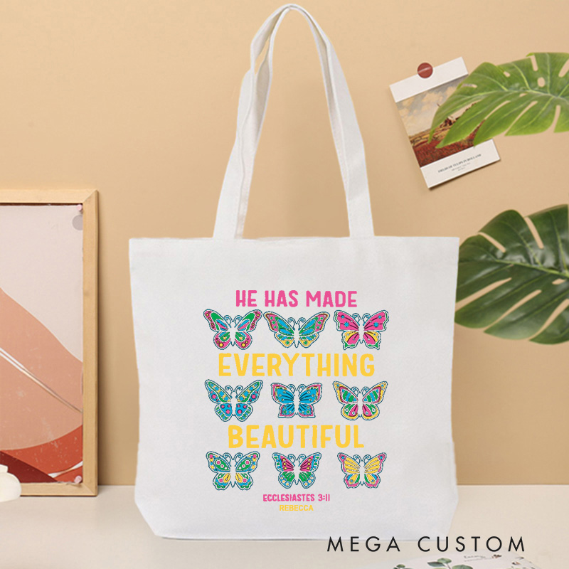 Personalized He Has Made Everything Beautiful Canvas Tote Bag with Name Christian Ecclesiastes 3:11 Bible Verse Bag Butterflies Bag Faith Based Gift