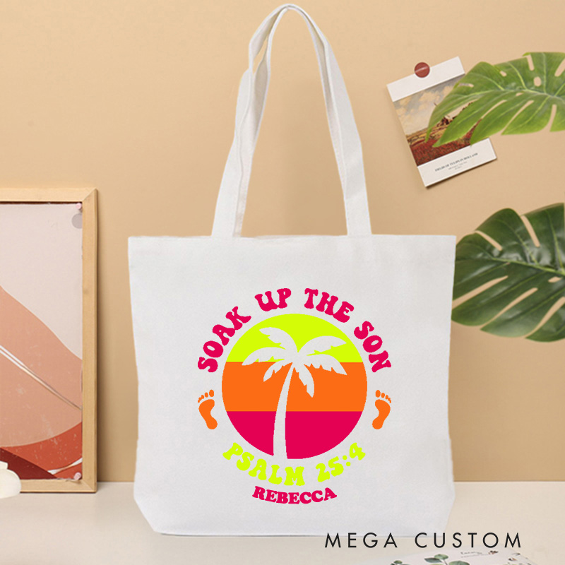 Personalized Soak Up the Son Canvas Tote Bag with Name Christian Psalm 25:4 Bible Verse Bag Sunset Bag Faith Based Gift Christian Gift for Jesus Lover