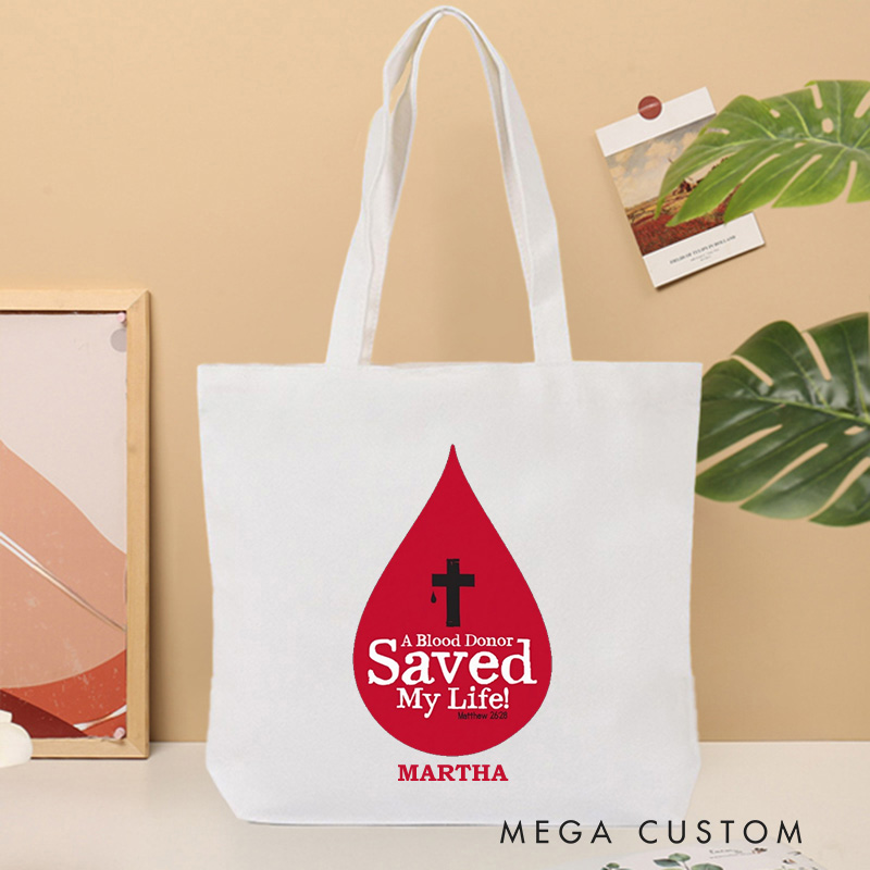 Personalized A Blood Donor Saved My Life Canvas Tote Bag with Name Christian Matthew 26:28 Bible Verse Bag Christian Cross Gift for Jesus Lover