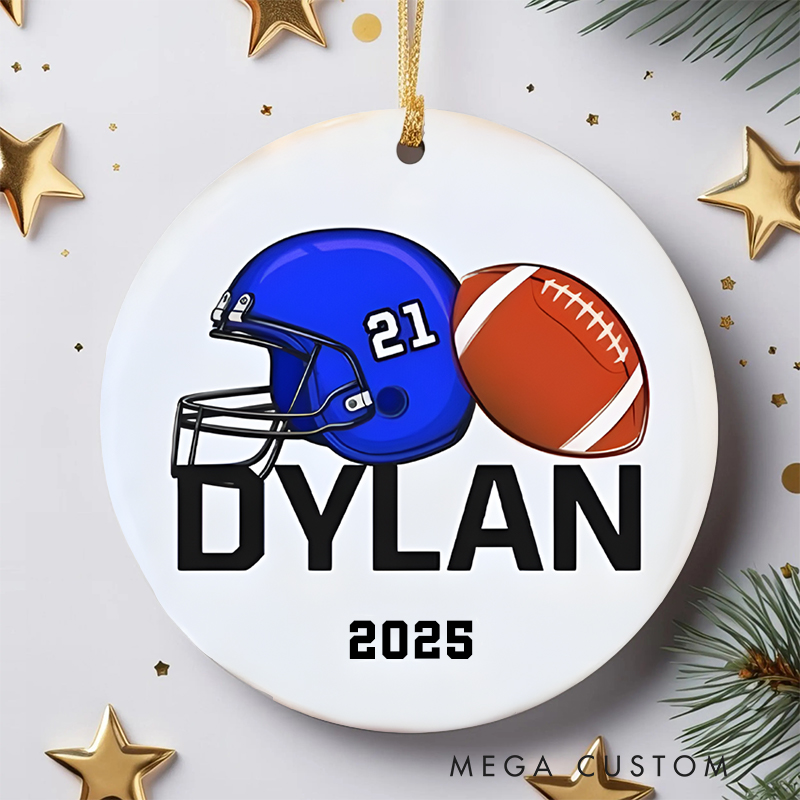 Personalized Football Christmas Ornament with Custom Name Year Blue Helmet Football Design Perfect for Athletes Holiday Decorations or Gifts