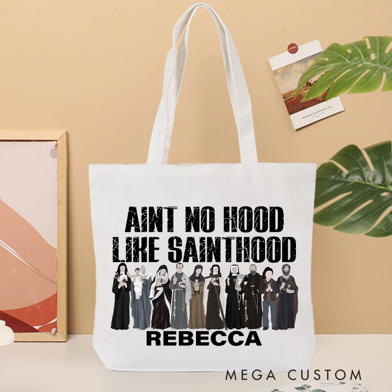 Personalized Aint No Hood Like Sainthood Christian Canvas Tote Bag with Name Funny Catholic Bag All Saints Day Bag Catholic Gift Religious Gift 