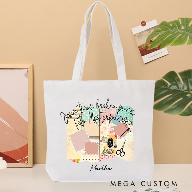 Personalized Jesus Turu's Broken Pieces into Masterpieces Christian Canvas Tote Bag with Name Christian Gift for Belivies Gift for Jesus Lovers