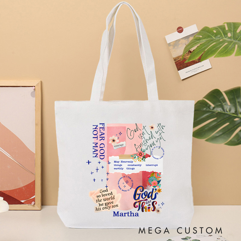 Personalized God isn't Finished with Me Christian Canvas Tote Bag with Name Retro Floral Resurrection Collage Bag Christian Gift for Jesus Lovers